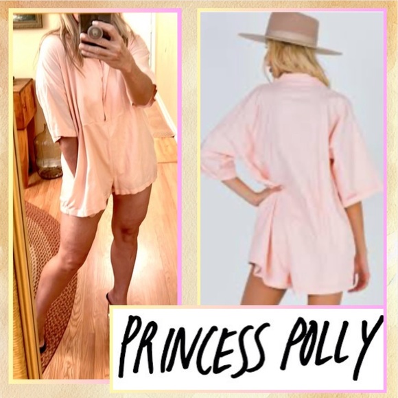 Princess Polly,Womens Oversized Sinclair Romper,Pink-Salmon Linen Blend,Size 4, - Picture 2 of 16